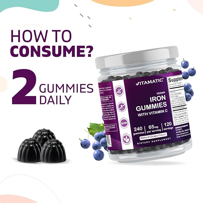 Vitamatic Iron 65 mg Gummies Supplement for Women & Men - 240 Vegan Gummies - Great Tasting Iron Gummy Vitamins with Vitamin C