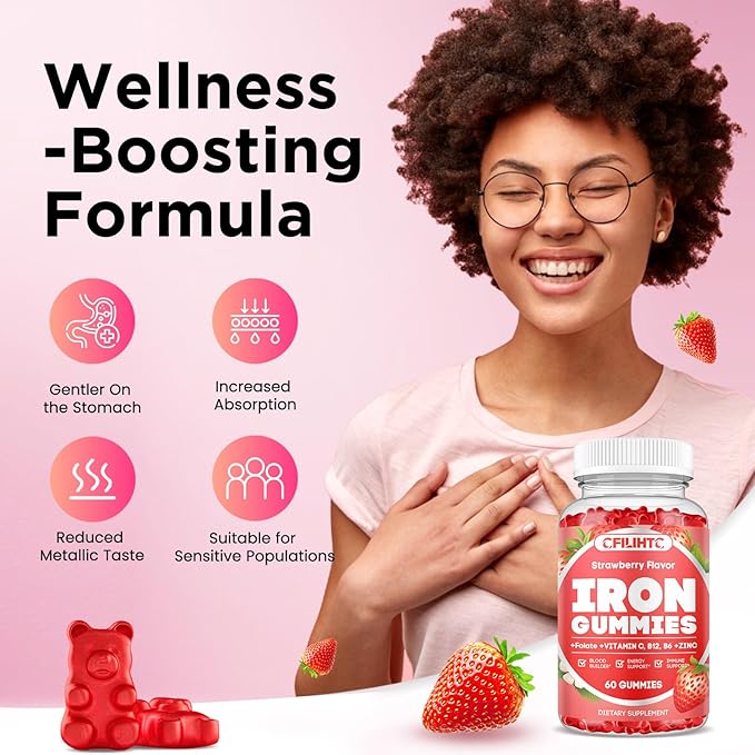 2 Pack Iron Gummies for Adults & Kids Iron Supplement Strawberry Blueberry Flavor