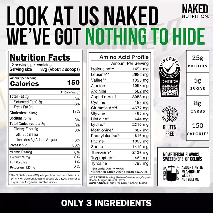 NAKED Vanilla Whey Protein 1Lb, Only 3 Ingredients, All Natural Grass Fed Whey Protein Powder + Vanilla + Coconut Sugar- GMO-Free, Soy Free, Gluten Free. Aid Muscle Growth, 12 Servings
