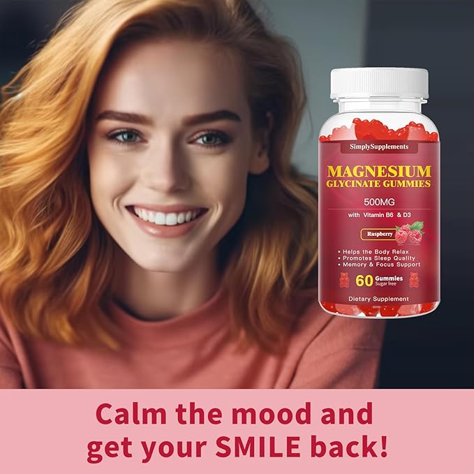 Magnesium Glycinate Gummies 500mg, Chewable Magnesium Supplement with Vitamin D3, B6, CoQ10 for Relaxation, Sleep & Mood Support, Calm Magnesium Gummies - 60 Raspberry Gummies（2 Pack)