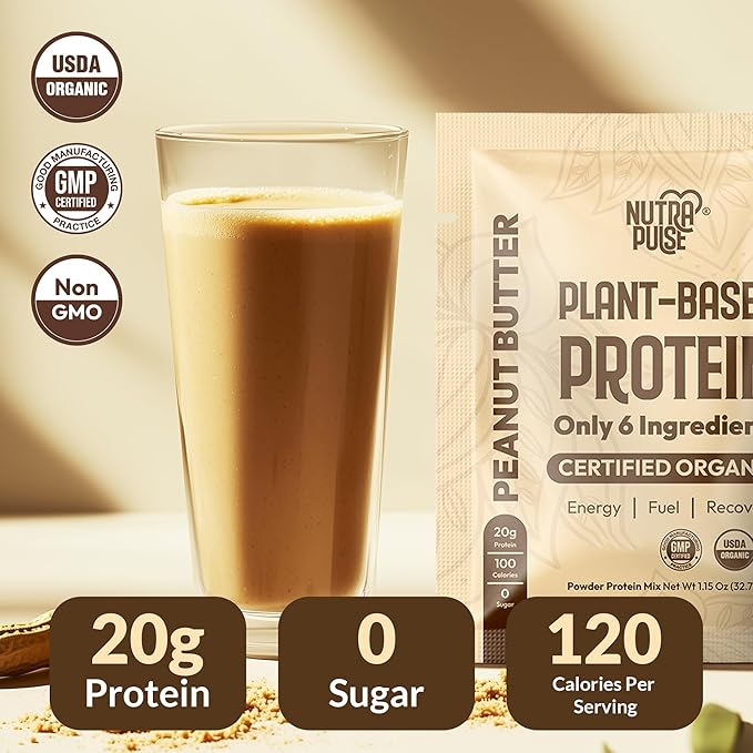 Organic Vegan Protein Powder Sample Pack - Plant-Based Protein, Gluten-Free, Non GMO, 20g Protein Per Serving, Great for Smoothies & Shakes (Peanut Butter, Pack of 16)