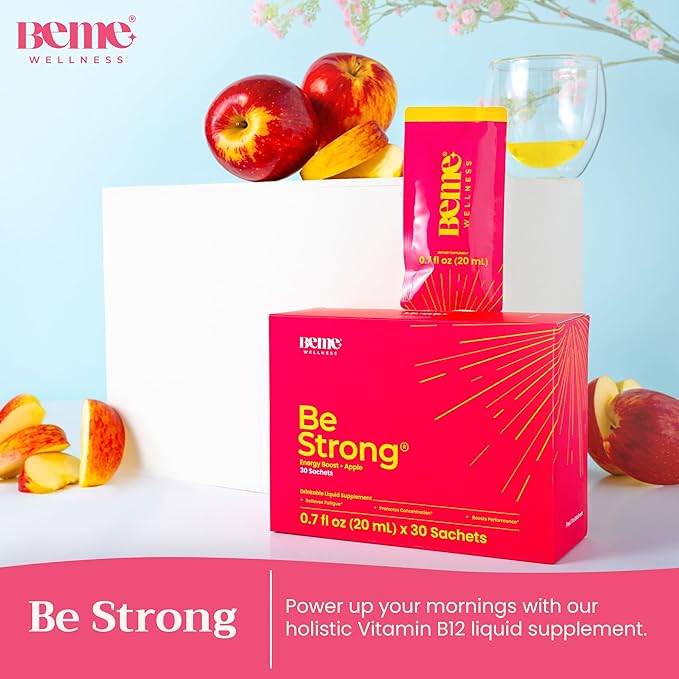 BeMe Vitamin B12 Liquid Shot, BeStrong - Vitamin B 12 Drinkable Liquid Supplement Supports Energy Boost, Focus, & Concentration - Guarana, Taurine, & Collagen Supplements Promote Recovery (30 Sachets)