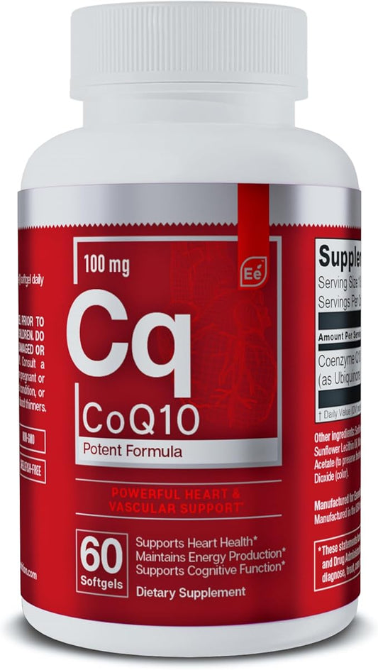 Essential Elements CoQ10 100mg Softgels for Heart, Brain, and Vascular Support - Comprehensive Coenzyme Q10 Supplement Formulated for Optimal Absorption - 60 Count, 2 Month Supply