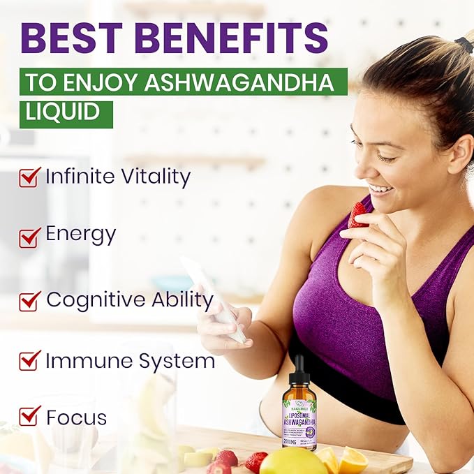 Liposomal Ashwagandha Liquid Drops 2000mg, Ashwagandha Root Extract Supplement (7% Withanolides) with Black Pepper Extract & Probiotics for Focus, Cognition & Energy - 2 FL.OZ (1 Bottle)