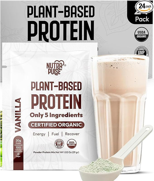 Organic Vegan Protein Powder Sample Pack – Vanilla Flavor – 29g Plant-Based Protein Per Serving – Gluten-Free, Dairy-Free, Non-GMO – Perfect for Shakes & Smoothies – 24 Count
