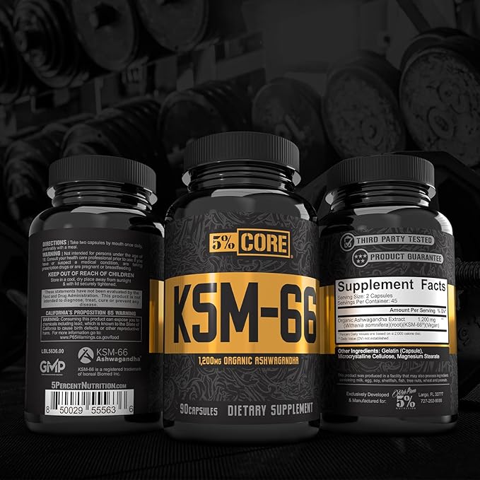 5% Nutrition Core KSM-66 Ashwagandha | 1,200mg Organic Ashwagandha Root Powder Extract | High Potency 5% Withanolides (45 Servings, 90 Capsules)