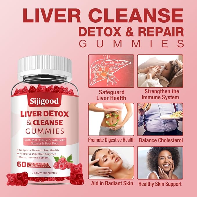 Liver Cleanse Detox and Repair Gummies - Silymarin Milk Thistle Supplement with Artichoke, Dandelion and Elderberry - Liver Support Supplement - 60 Raspberry Flavored Gummies