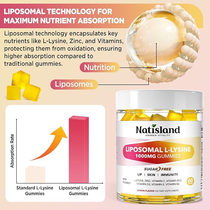 Liposomal L-Lysine 1000mg Gummies, Lysine Supplements for Women & Men, Chewable Vitamin Lysine Gummies for Lips & Oral Health, Immune Support, Kids Friendly, Sugar-Free Lemon Flavor, 60 CT