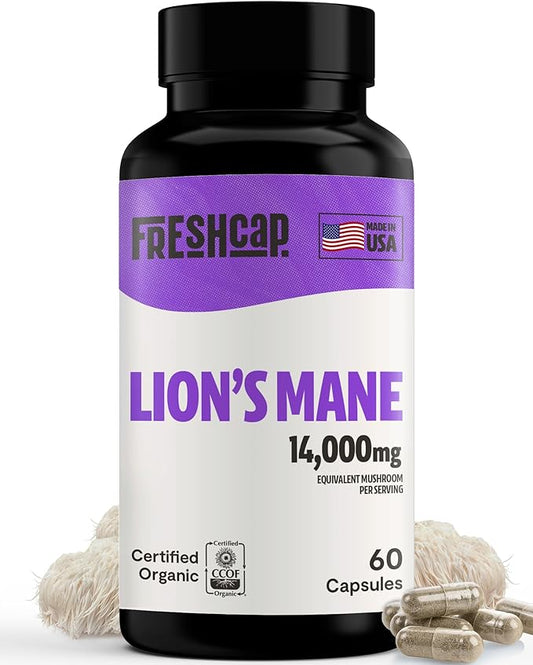 FreshCap Lions Mane Supplement Capsules 14,000mg - Lion's Mane, High Potency Extract, 14:1 Organic Mushroom Supplement, Ayurveda Focus Made in USA (60 Capsules)