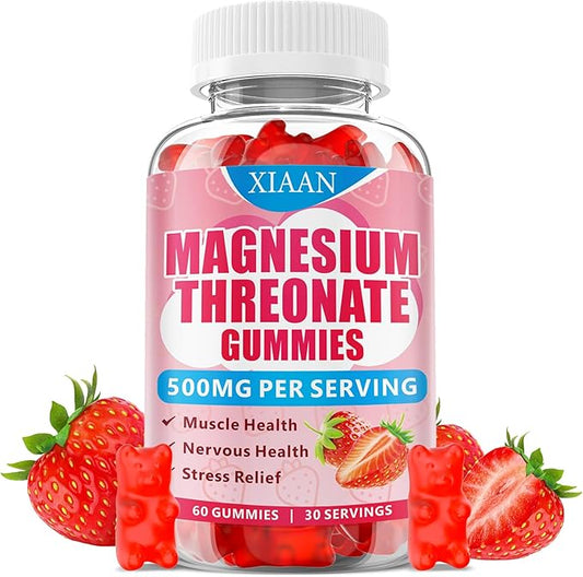 Magnesium L-Threonate Gummies 500mg, Suagr-Free Magnesium Threonate Supplement for Kids & Adults Muscle & Nervous Health Support, Strawberry Flavor 60 Count