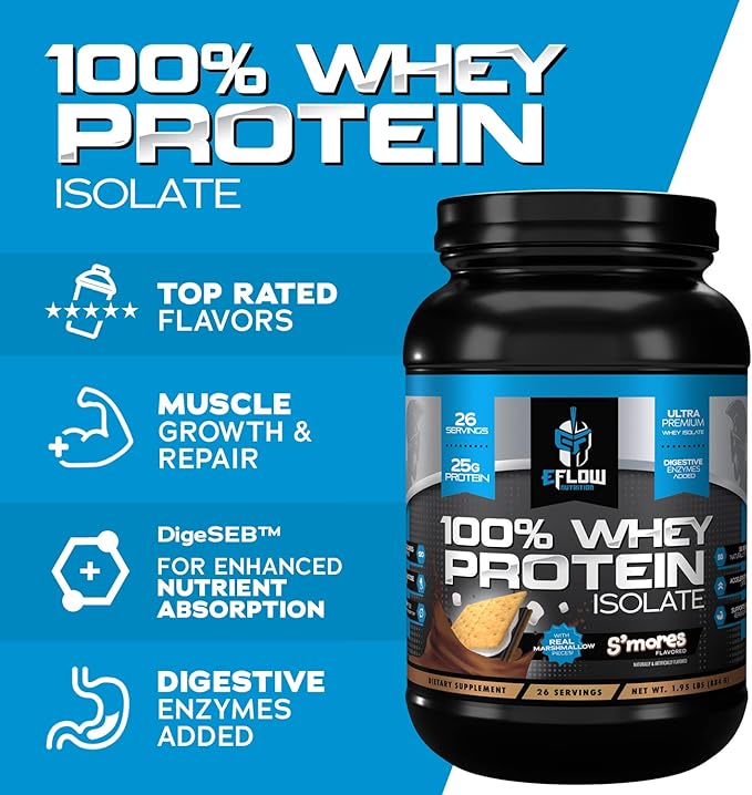 eFlow Nutrition 100% Whey Protein Isolate - Gluten & Lactose-Free Digestive Enzymes Added, Low Carb, Post Workout Shake, Fast Digesting for Optimal Muscle Recovery - S'Mores (26 Servings)