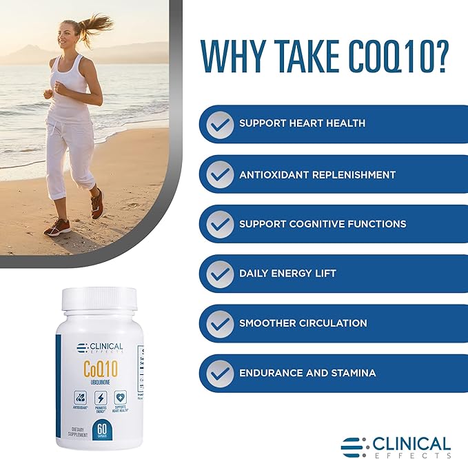 Clinical Effects CoQ10 Supplement - Coenzyme Q10 200mg - 30-Day Supply - Ubiquinone Antioxidant Supplement for Heart Health, Cognitive Functions and Energy Support - 1 Capsule a Day - Made in The USA