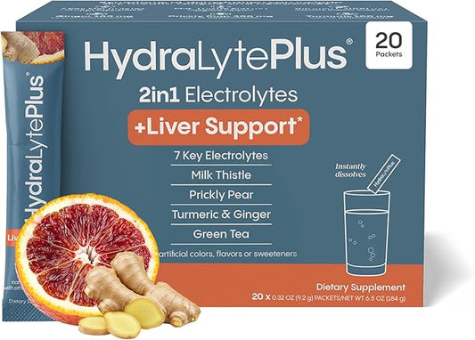 Hydralyte Liver Support + Electrolyte Mix with Milk Thistle, Turmeric, Ginger, Prickly Pear, Green Tea Extract Formulated for Rapid Rehydration (Blood Orange Ginger, 20 Packets)