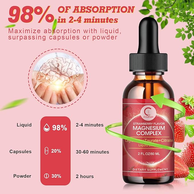 Triple Magnesium Complex Liquid Drops - Magnesium Glycinate Liquid Drops, Taurate & Citrate with L-theanine, Vitamin B6 for Sleep, Muscle, Immune Health, Vegan, Non-GMO, Strawberry Flavor, 2 Fl OZ