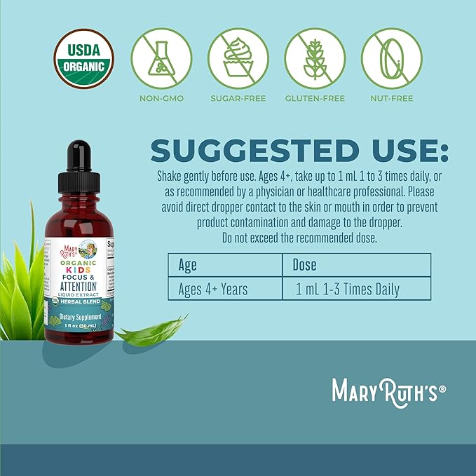 MaryRuth Organics Kids Brain Supplements for Memory and Focus, USDA Organic Drops with Ginkgo Biloba, Rhodiola Root & Licorice Root, Focus & Attention, Calm, Vegan, Non-GMO, Gluten Free, 30 Servings
