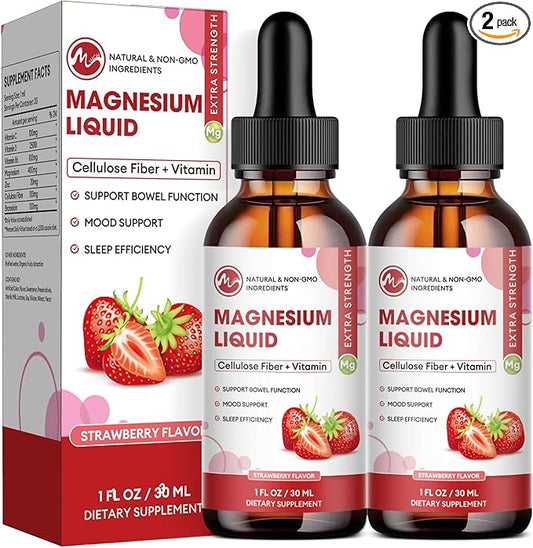 Magnesium Glycinate Liquid, High Absorption Magnesium Liquid Drops with Cellulose Fiber, Bromelain, Vitamin B6, C, D, Zinc, Magnesium Supplement for Kids and Adults, Strawberry Flavor, 2 Pack