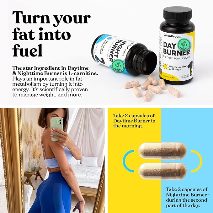 ColonBroom Day & Night Burner Supplements, Pills for Women/Men with Inulin, L-carnitine, Coenzyme Q 10, Grain of Paradise and More, Colon Broom 60 Vegan Capsules Per Container