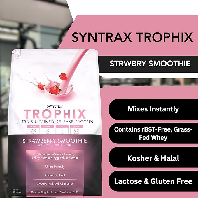 Syntrax Bundle: Trophix Undenatured Casein Protein Strawberry Smoothie - Instant Mix Whey Protein & Egg White Protein Powder - 5 Pounds High Protein Powder and Worldwide Nutrition Keychain