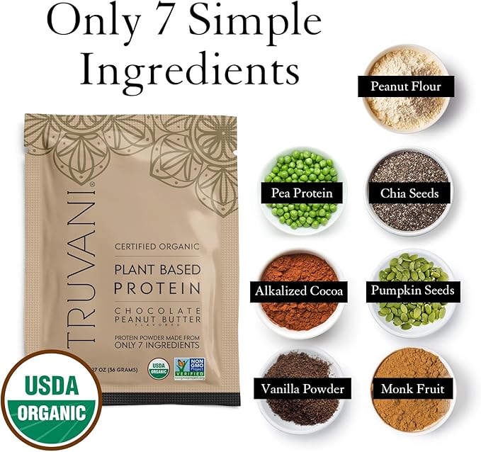 Truvani Vegan Pea Protein Powder | Chocolate Peanut Butter | 20g Organic Plant Based Protein | 10 Travel Packets | Keto | Gluten & Dairy Free | Low Carb | No Added Sugar