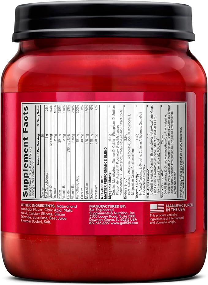 BSN N.O.-XPLODE Pre Workout Powder, Energy Supplement for Men and Women with Creatine and Beta-Alanine, Flavor: Watermelon, 60 Servings