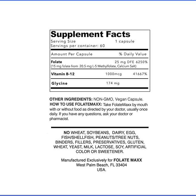 FolateMaxx L-Methylfolate + B12 Methylcobalamin Blend 15mg - 60 Capsules - Active Folic Acid & Methylated B12 - 5-MTHF & B12 Supplement for Men & Women - Non GMO, Gluten Free, No Fillers