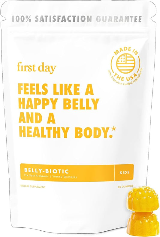 FIRST DAY Kids Probiotic Gummies - 3 in 1 Probiotics for Kids + Prebiotic & Postbiotic - Prebiotics & Probiotics for Digestive Health & Immune Support – Vegan, Gluten Free, 30-Day Supply