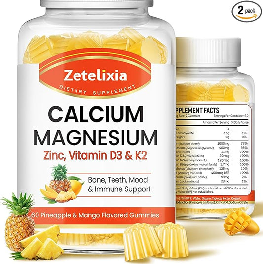 Calcium Gummies for Women Men, Calcium Magnesium Zinc with Vitamin D3 & K2, Calcium Magnesium Supplement for B0nes Muscles, Pineapple & Mango Flavor - 120 Count