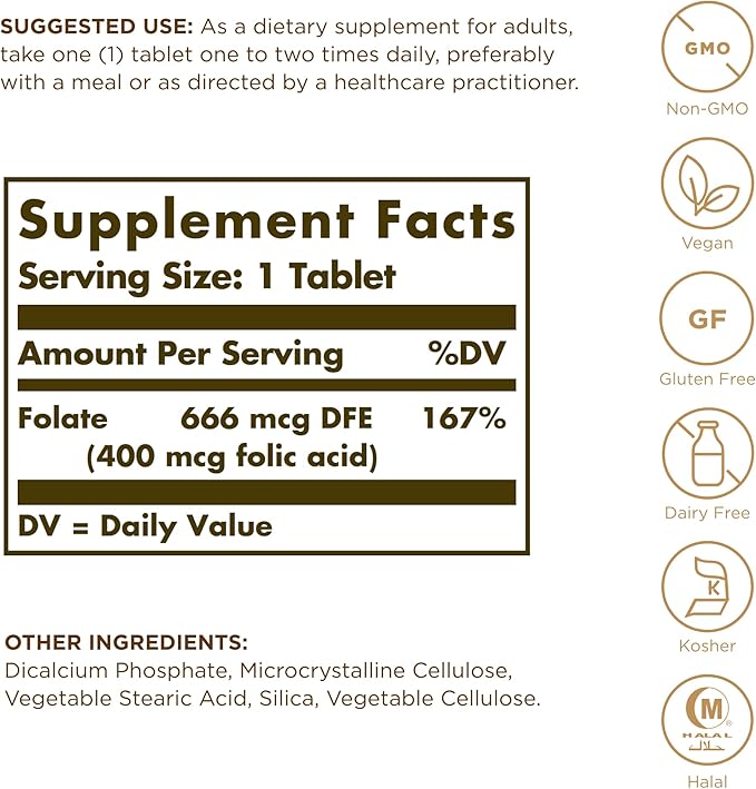 SOLGAR Folate 666 mcg DFE (Folic Acid 400 mcg) - 250 Tablets - Prenatal Support - Non-GMO, Vegan, Gluten Free, Dairy Free, Kosher, Halal - 250 Servings