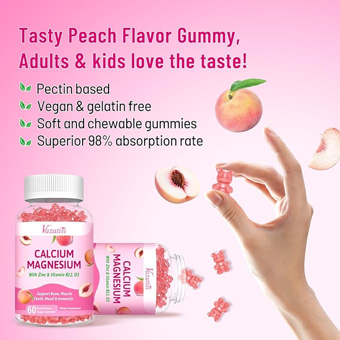 Calcium Magnesium Zinc Gummies with Vitamin D3 B12, Calcium Supplements for Women Men, Support Immunity, Peach Flavor 60 Cts