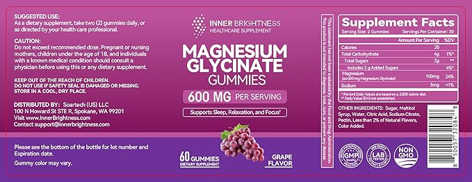 Magnesium Glycinate Gummies 600mg, Non-GMO, Gluten-Free, Magnesium Gummies for Adults & Kids, Sleep, Relaxation & Focus, Grape Flavor, 60 Count
