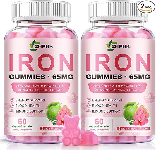 Iron Gummies for Women Men Vitamin Supplement 65mg & Vitamin C 250mg Per Serving with B6 B12 Folate- Energy Support for Iron Deficiency, Anemia, Vegan Guava Hibiscus Flavor, 120 Count