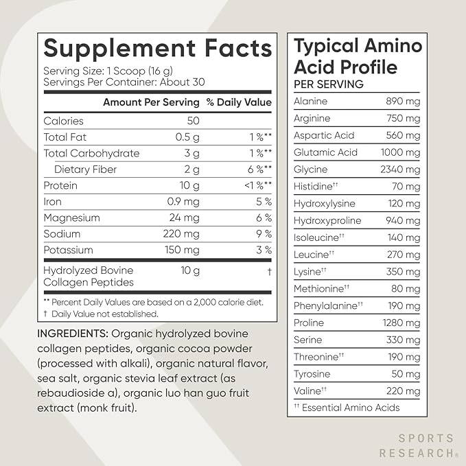 Sports Research® Organic Collagen Peptides (Dark Chocolate) - Hydrolyzed Type I & III Collagen Protein Powder with Amino Acids - USDA Organic, Gluten Free, Sustainably Sourced - 30 Servings