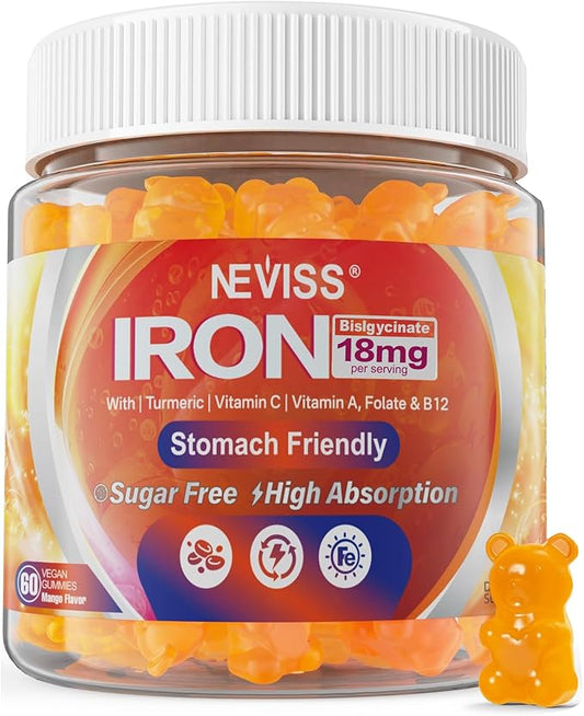 Vegan Iron Gummies Supplement with Vitamin C, B12, Folate & Turmeric - Energy & Immune Health | Gummy Iron Bisglycinate 18mg Gentle & Non-Constipating for Iron Deficiency, Anemia Women Men, 1 Pack