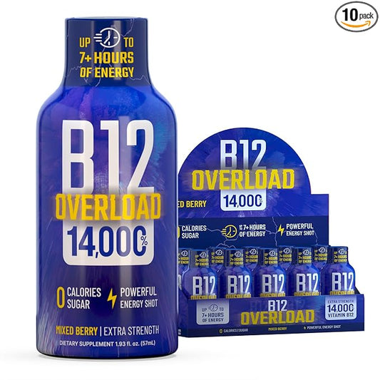 B12 Overload Extra Strength Energy Shot – Mixed Berry – 260mg Caffeine, 14000% B12, Electrolytes – Energy & Vitality Support – Zero Sugar No Calories – Vegan, Kosher, Gluten-Free – 1.93 fl oz, 10-Pack