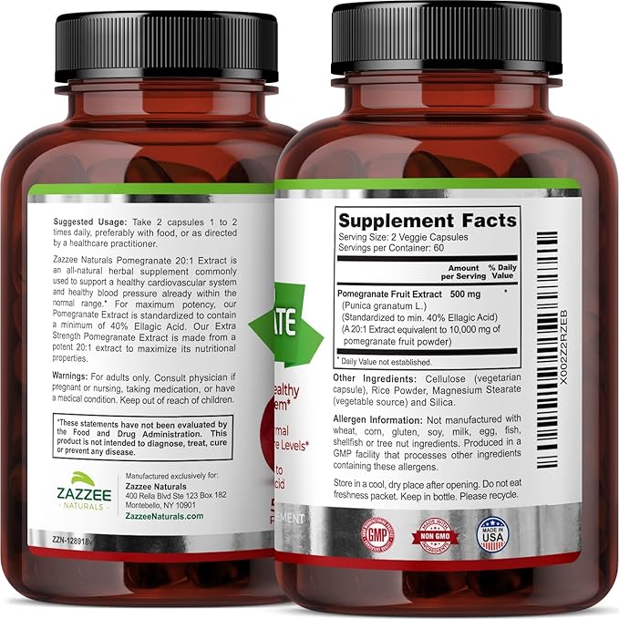 Zazzee Extra Strength Pomegranate 20:1 Extract, 5000 mg Strength, 40% Ellagic Acid, 120 Vegan Capsules, 4 Month Supply, Standardized, Concentrated 20X Extract, 100% Vegetarian, All-Natural and Non-GMO