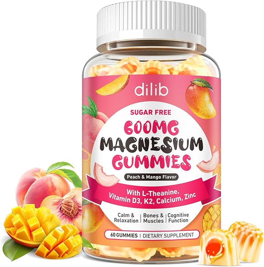 Magnesium Glycinate Gummies 600mg, Magnesium L-Threonate Supplement for Kids & Adults - Vitamin D3 K2 Zinc for Sleep Calm Muscle Relaxation Cognitive - Sugar Free Peach & Mango Center-Filled Gummies