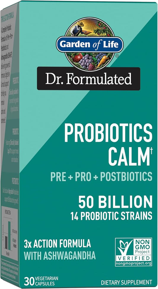 Garden of Life Dr Formulated Calm Daily 3-in-1 Complete Probiotics, Prebiotics & Postbiotics with Ashwagandha - PRE + PRO + POSTBIOTIC Supplement for Immune, Digestive & Mood Support - 30 Day Supply
