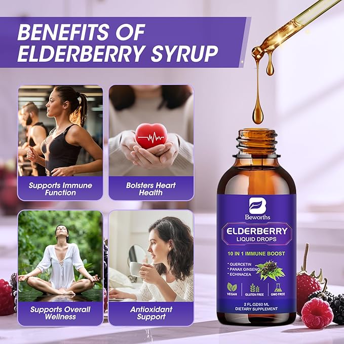 Elderberry Syrup Black Elderberry Drops with Quercetin, Panax Ginseng, Vitamin C and Zinc, Sambucus Elderberry Syrup Liquid, Vegan, Non-GMO & Gluten Free