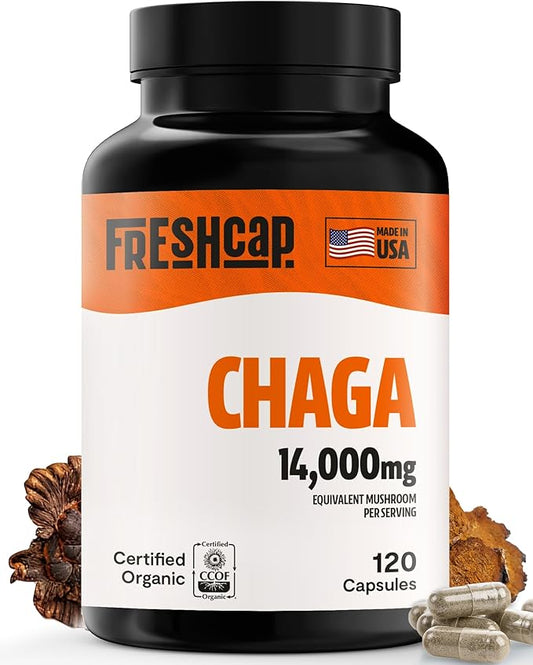 FreshCap Chaga Mushrooms Capsules 14,000mg - Chaga Mushroom Supplement, Mushroom Extract Antioxidants Supplement, Mushrooms Herbal Supplements, Ayurveda Nootropic Immunity Supplements (120 Capsules)
