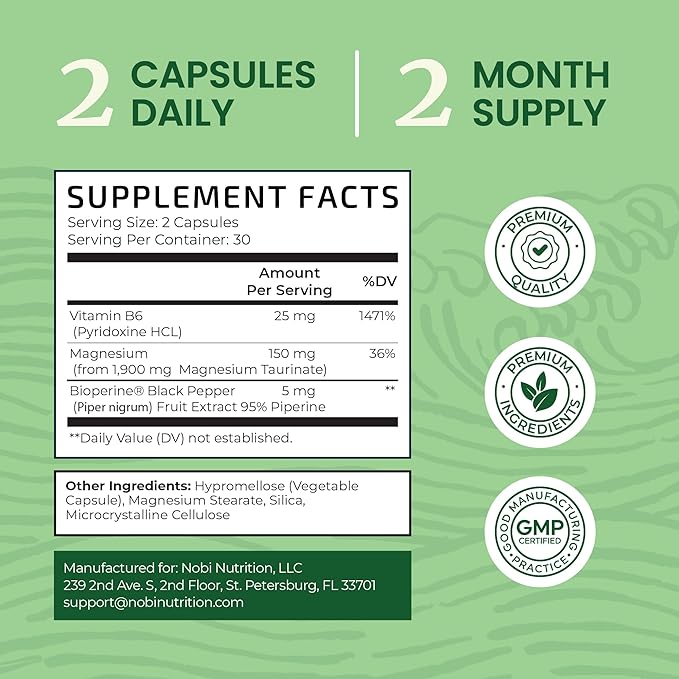 Magnesium Taurate 1900MG | Heart Health and Relaxation Support | 150MG Elemental Magnesium Per Serving | High Absorption Mag Taurate with Vitamin B6 + Black Pepper | Non-GMO | 60 Ct (1 Month Supply)