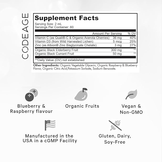 Codeage Elderberry Vitamins Pro - Organic Black Elderberry Liquid Drops - Vitamin C, Vitamin D3, Zinc, Black Currant - 2-Month Supply - Black Sambucus Liquid - Supplement for Adults & Kids - 4 fl oz