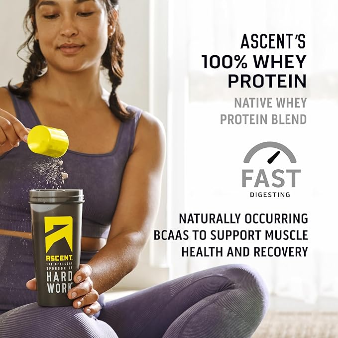 Ascent 100% Whey Protein Powder - Post Workout Whey Protein Isolate, Zero Artificial Flavors & Sweeteners, Gluten Free, 5.5g BCAA, 2.6g Leucine, Essential Amino Acids, Chocolate Peanut Butter 2 lb