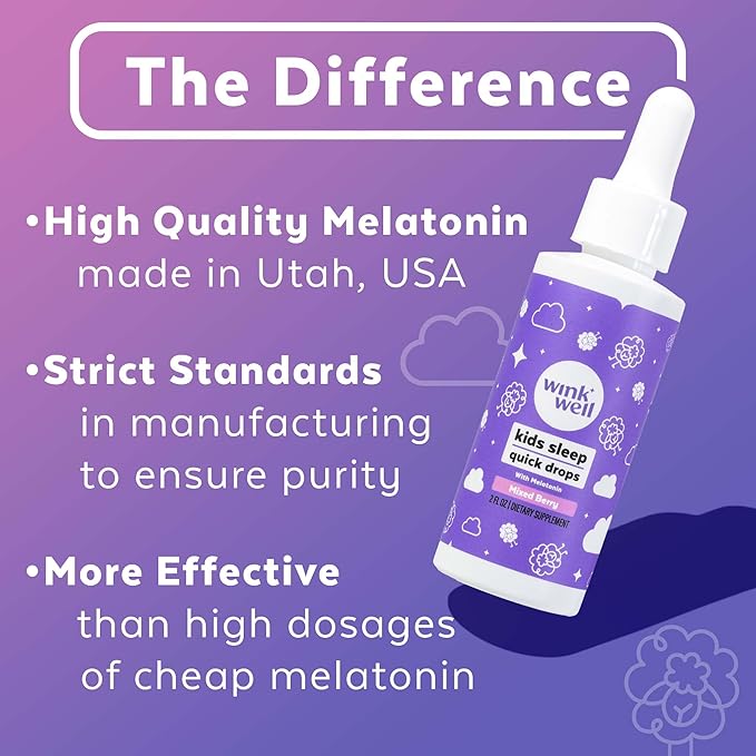 Wink Well Kids Liquid Melatonin Drops- Natural Baby Sleep Drops for Infants- Toddler Sleep Aid with 1mg Per Serving-Non-Addictive Children's Liquid Melatonin- 2 Oz