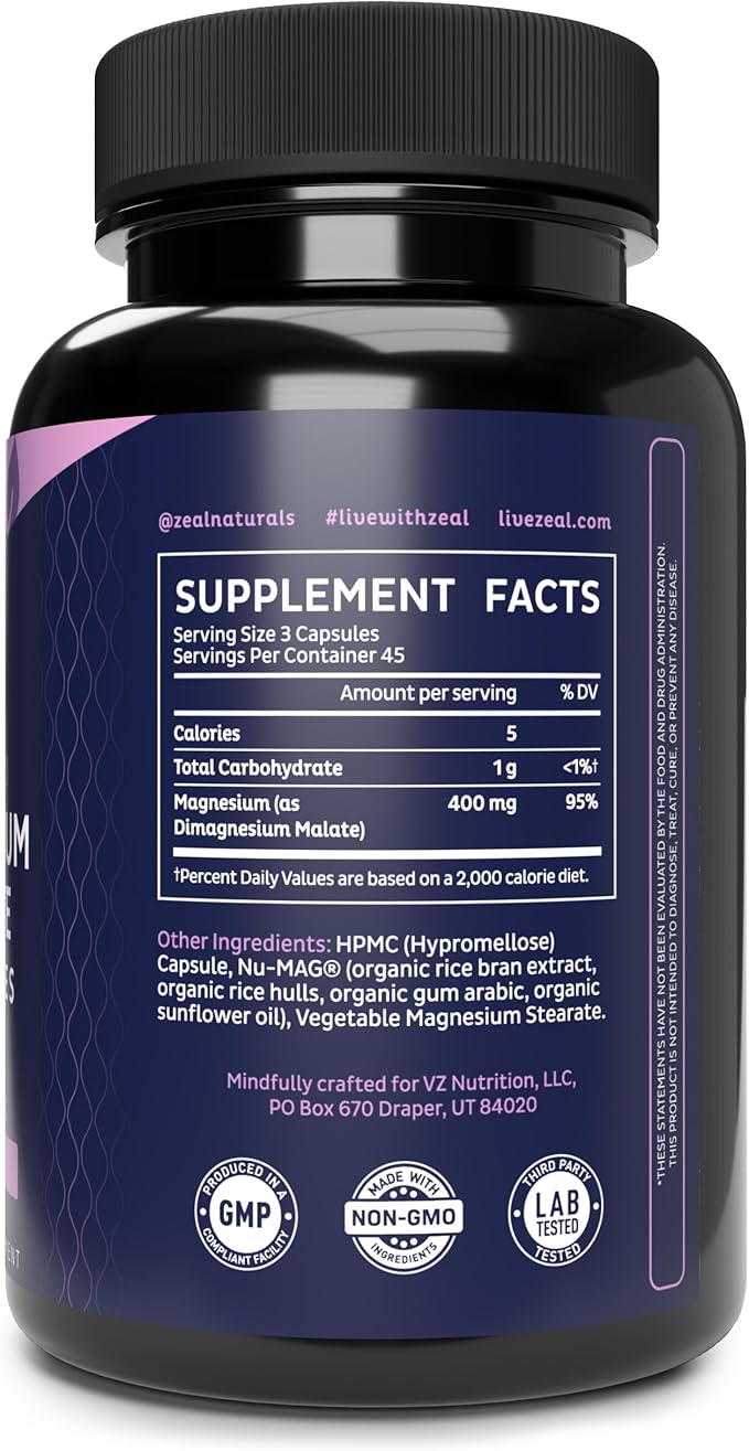 Zeal Premium Chelated Magnesium Malate (400mg | 135 Capsules)