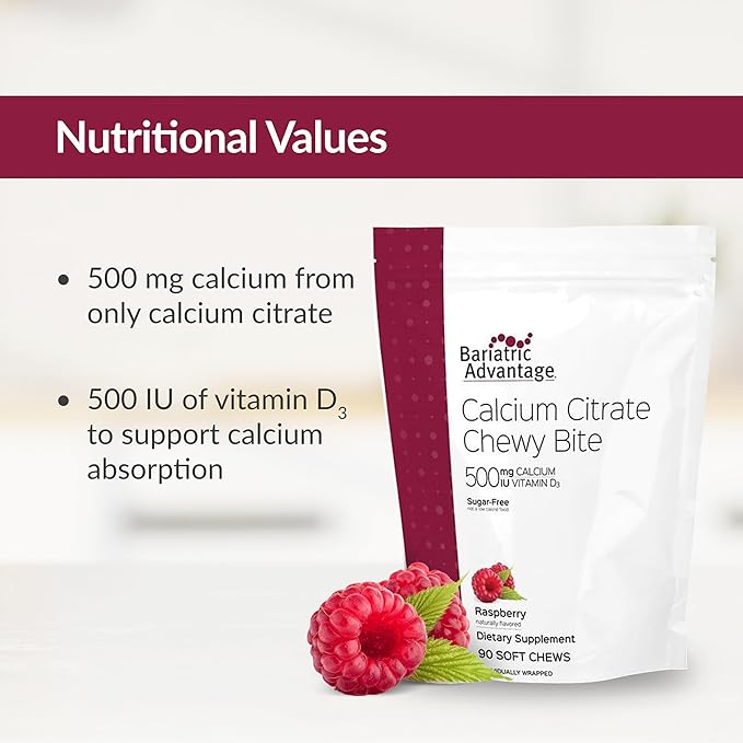 Bariatric Advantage Calcium Citrate Chewy Bites 500 mg - for Bariatric Surgery Patients - Vitamin D3 - Sugar-Free Chewable Calcium Supplement - Bariatric Calcium Chews - Raspberry Flavor - 90 Count