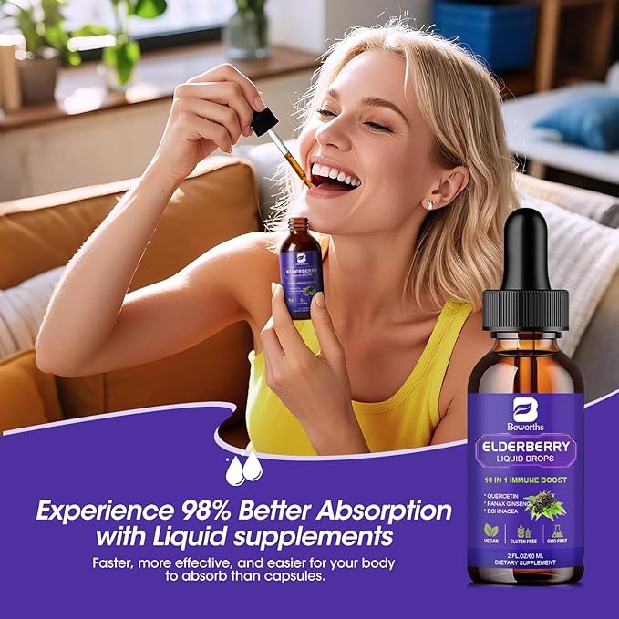 Elderberry Syrup Black Elderberry Drops with Quercetin, Panax Ginseng, Vitamin C and Zinc, Sambucus Elderberry Syrup Liquid, Vegan, Non-GMO & Gluten Free