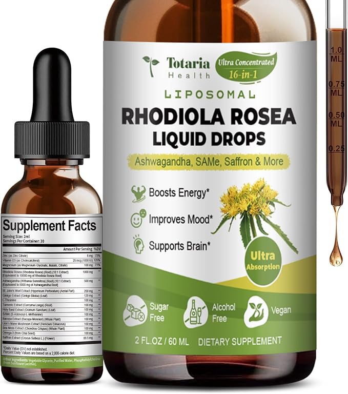 Liposomal Rhodiola Rosea Supplement Tincture 16 in 1, w/Ashwagandha, L-Theanine, Saffron, Ultra Strength Rhodiola Root Extract Liquid Cortisol Drops for Relaxation, Mood, Energy, 2 Fl Oz