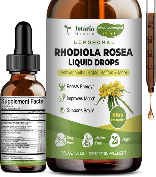 Liposomal Rhodiola Rosea Supplement Tincture 16 in 1, w/Ashwagandha, L-Theanine, Saffron, Ultra Strength Rhodiola Root Extract Liquid Cortisol Drops for Relaxation, Mood, Energy, 2 Fl Oz