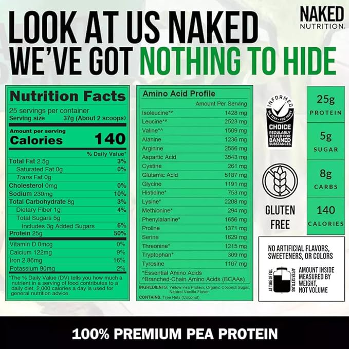 NAKED Vanilla Pea Protein Isolate from North American Farms, Only 3 Ingredients, Vanilla Vegan Protein, Gluten-Free, Soy Free, GMO Free - 2LB
