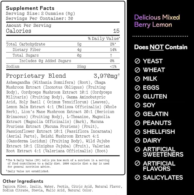 Nighttime Mushroom Adaptogen Gummies – Sugar-Free Vegan Mushroom Gummies For Adults with Reishi, Lion’s Mane, Chaga, Cordyceps, and Adaptogenic Botanicals for Sleep Support – Non-GMO, 60 Count